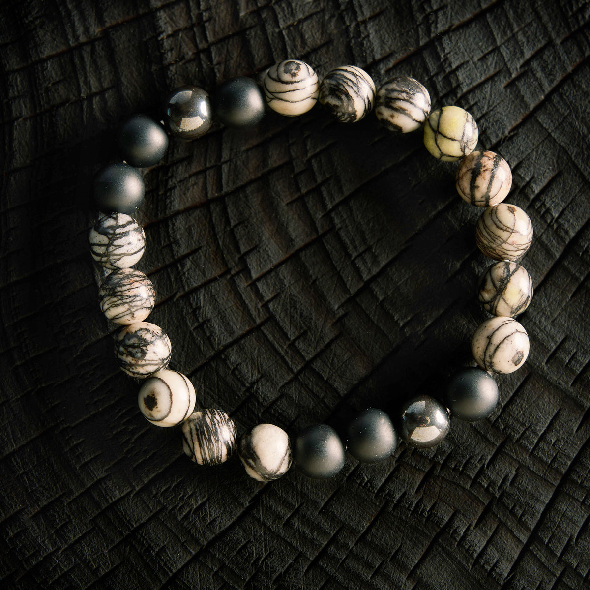 Bracelet élastique en Pinolite, Hématite et Agate Noire - Onyx