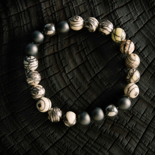 Bracelet élastique en Pinolite, Hématite et Agate Noire - Onyx