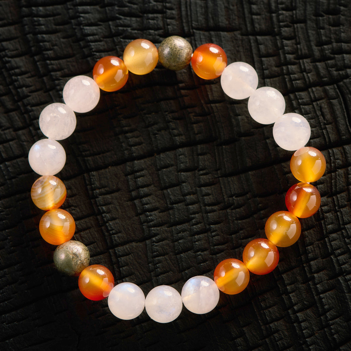 Bracelet élastique en Pyrite , Pierre de Lune et Cornaline