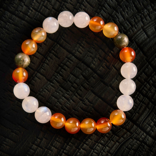 Bracelet élastique en Pyrite , Pierre de Lune et Cornaline