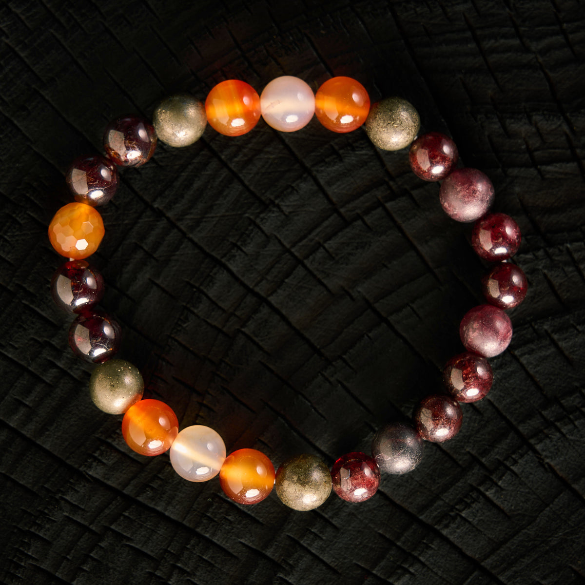 Bracelet élastique en Grenat Rouge, Pyrite et Cornaline