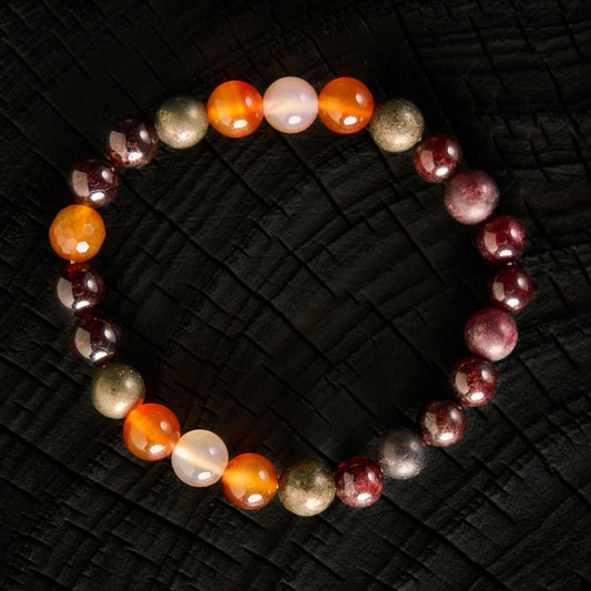 Bracelet élastique en Grenat Rouge, Pyrite et Cornaline