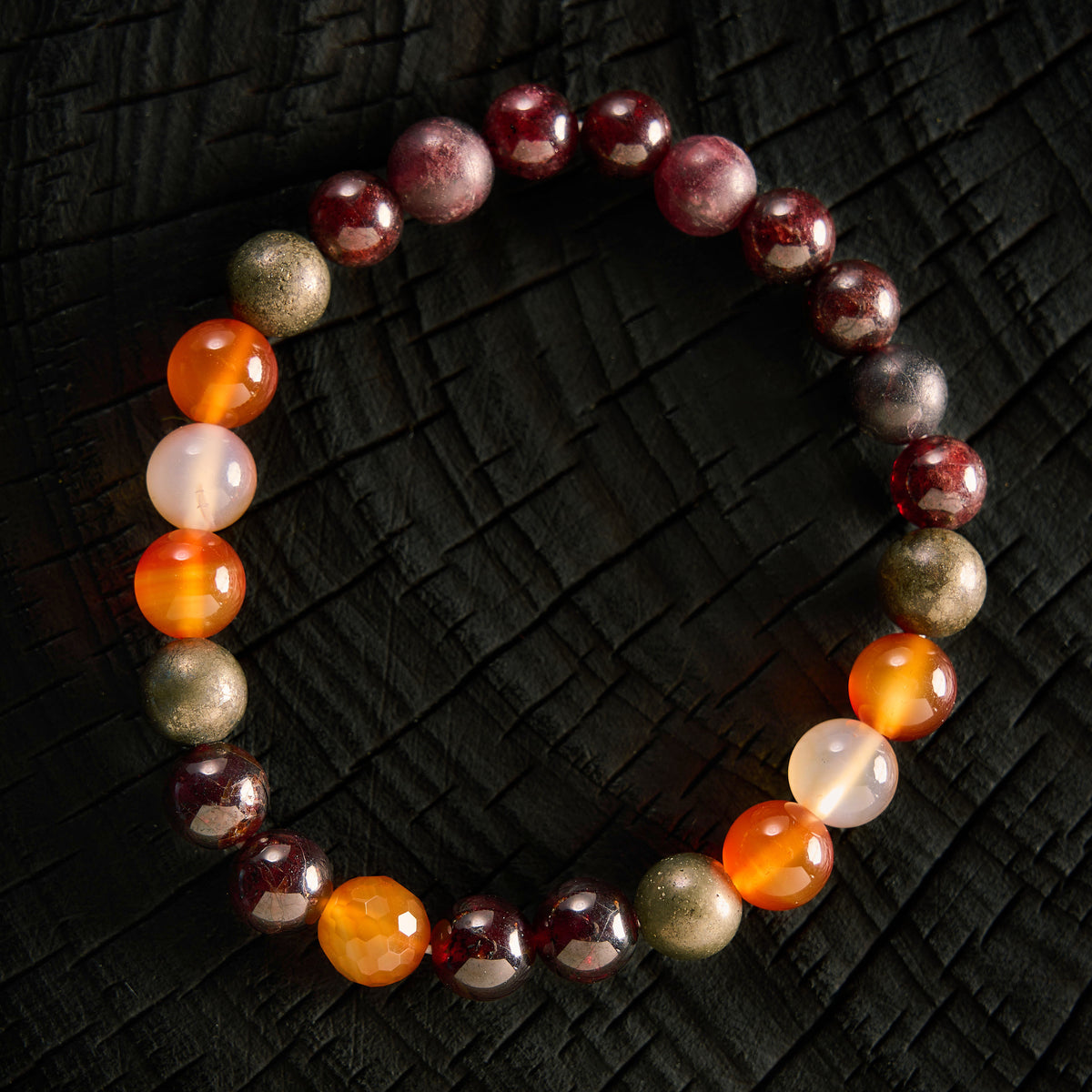 Bracelet élastique en Grenat Rouge, Pyrite et Cornaline