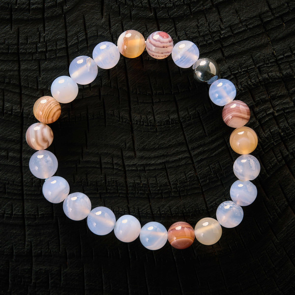 Bracelet élastique en Calcédoine, Agate du Botswana et Hématite