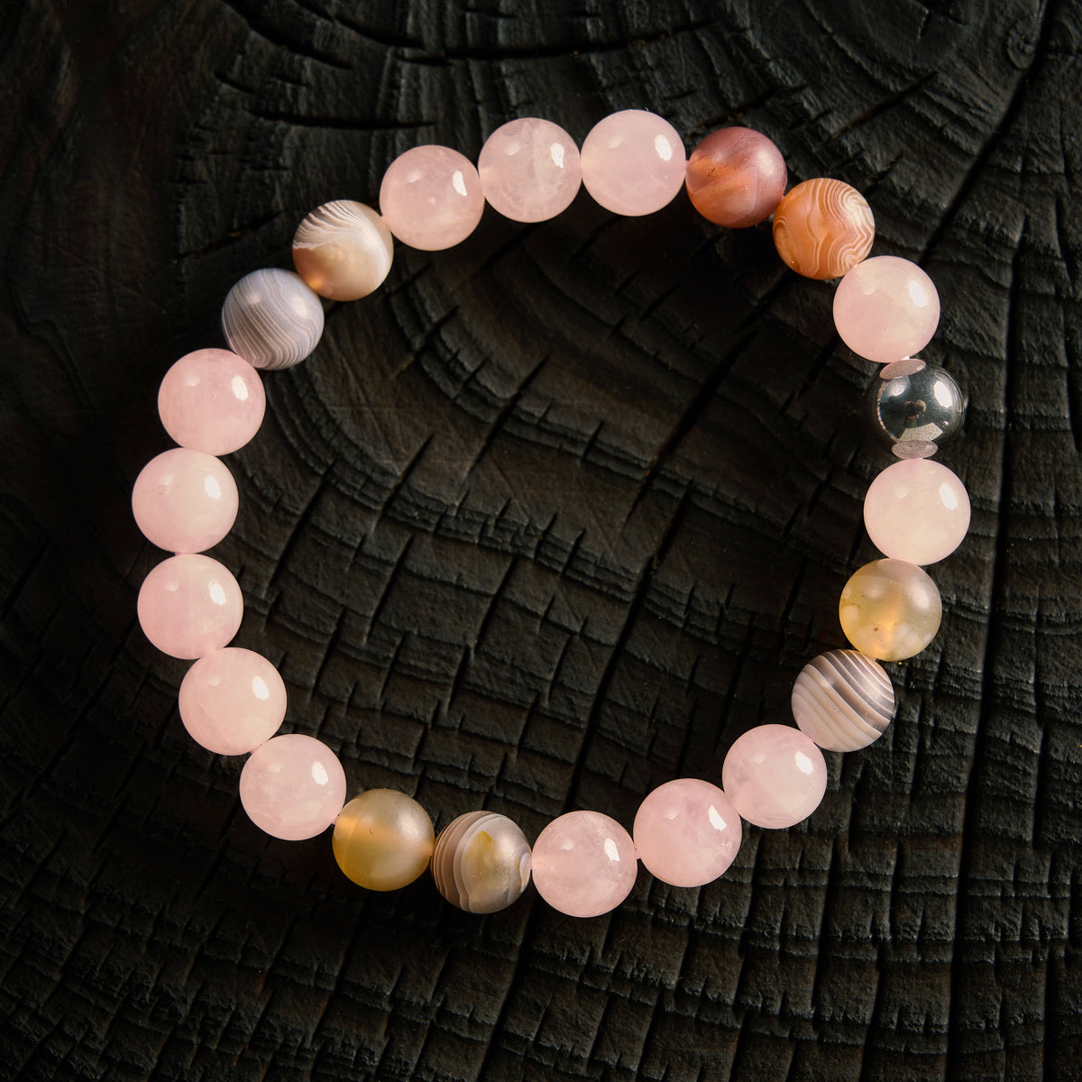 Bracelet élastique en Quartz Rose, Agate du Botswana et Hématite
