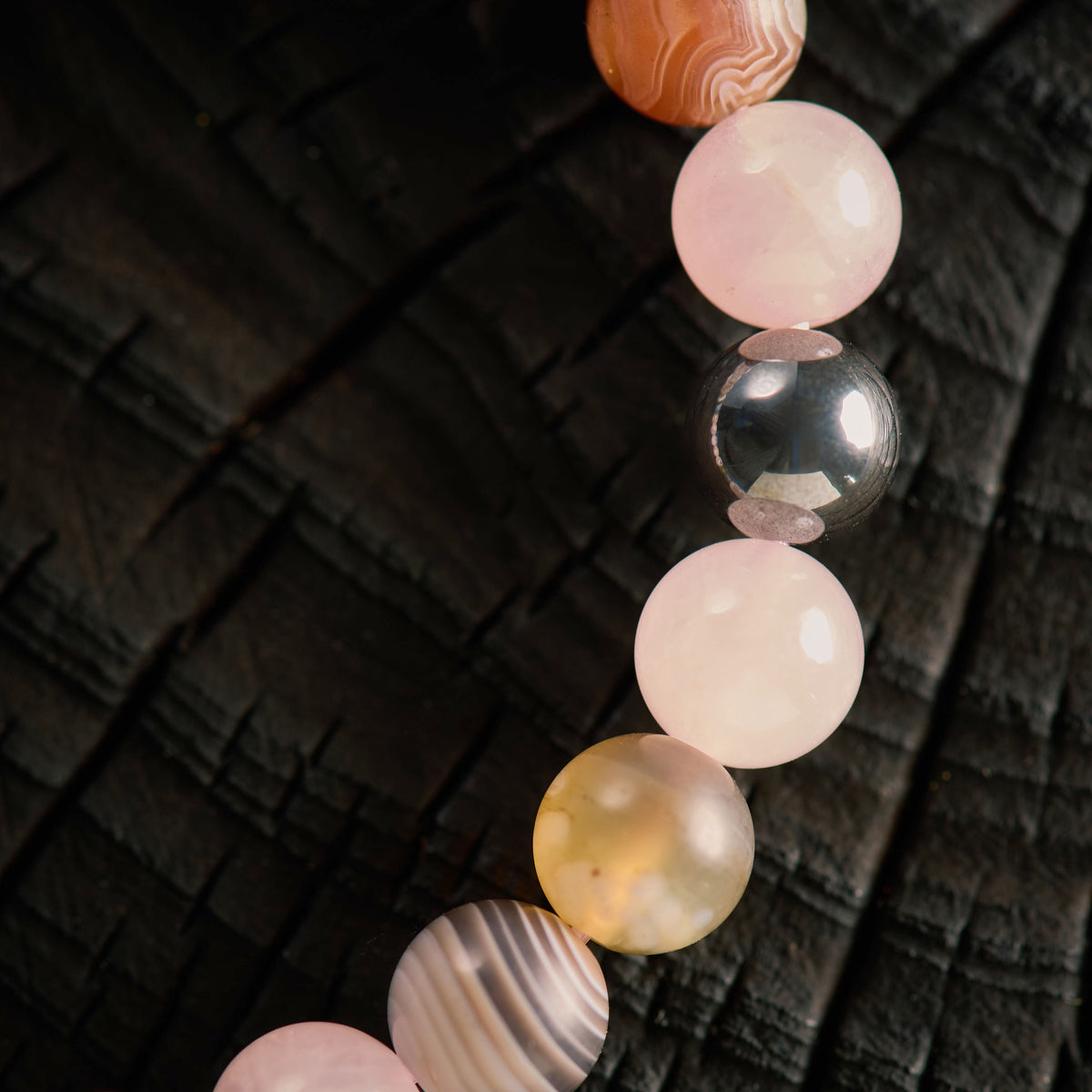 Bracelet élastique en Quartz Rose, Agate du Botswana et Hématite