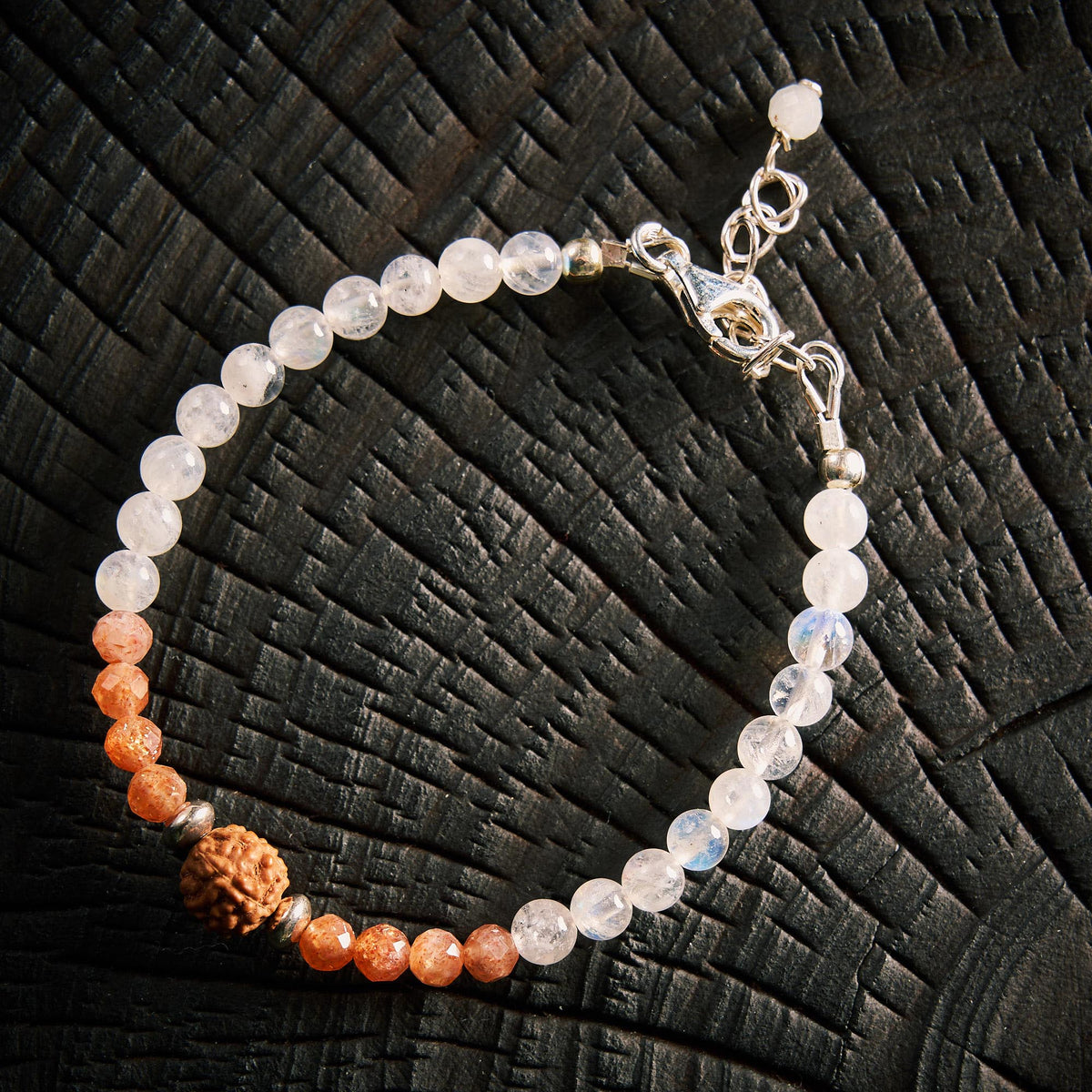Bracelet en Pierre de Lune et Pierre, Pierre de Soleil et Rudraksha