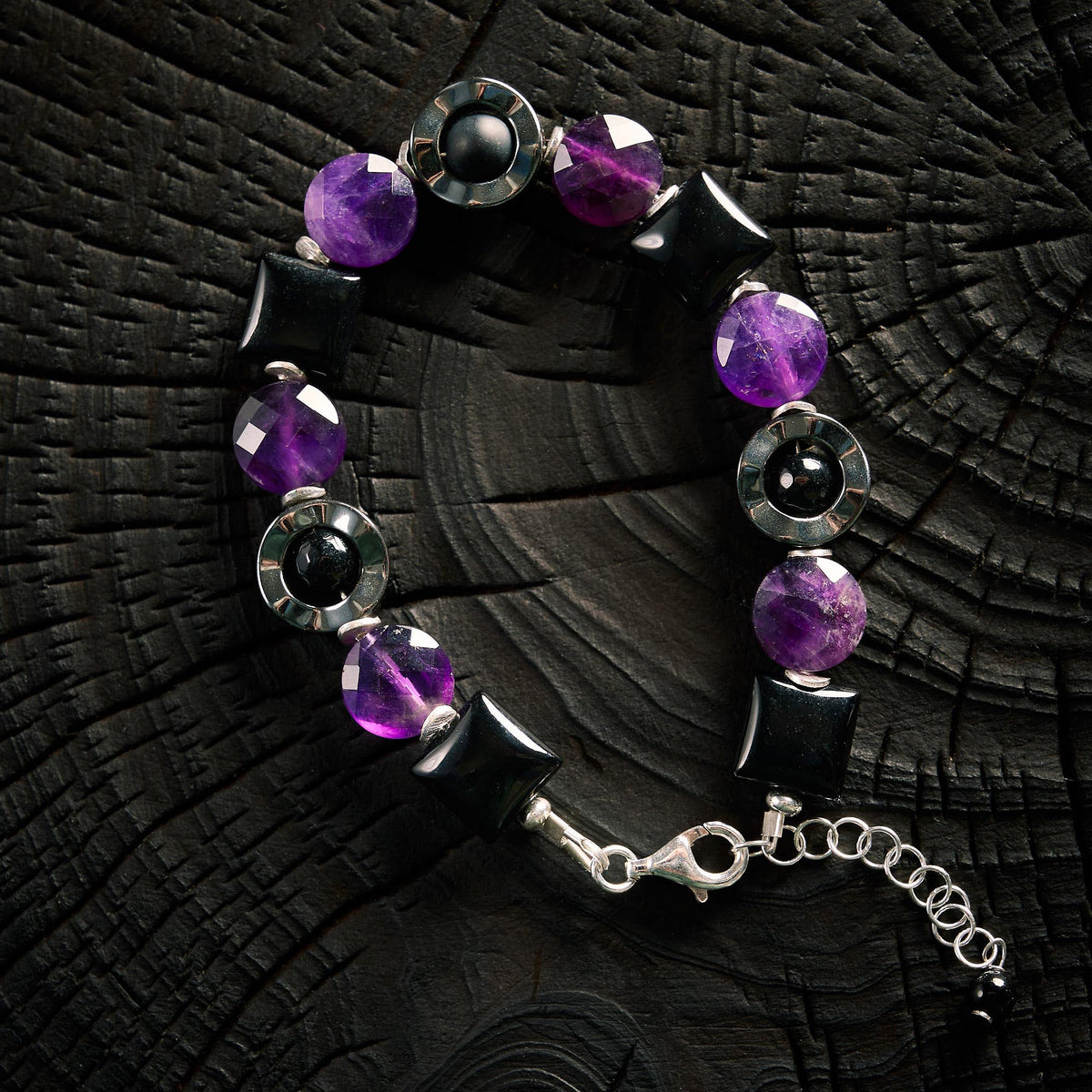 Bracelet en Améthyste, Hématite et Agate Noire - Onyx