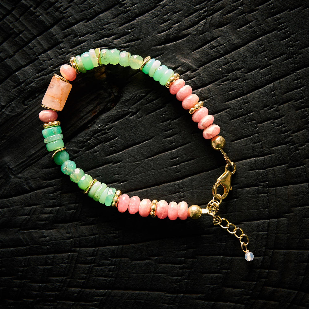 Bracelet en Chrysoprase, Rhodocrosite et Quartz Fraise