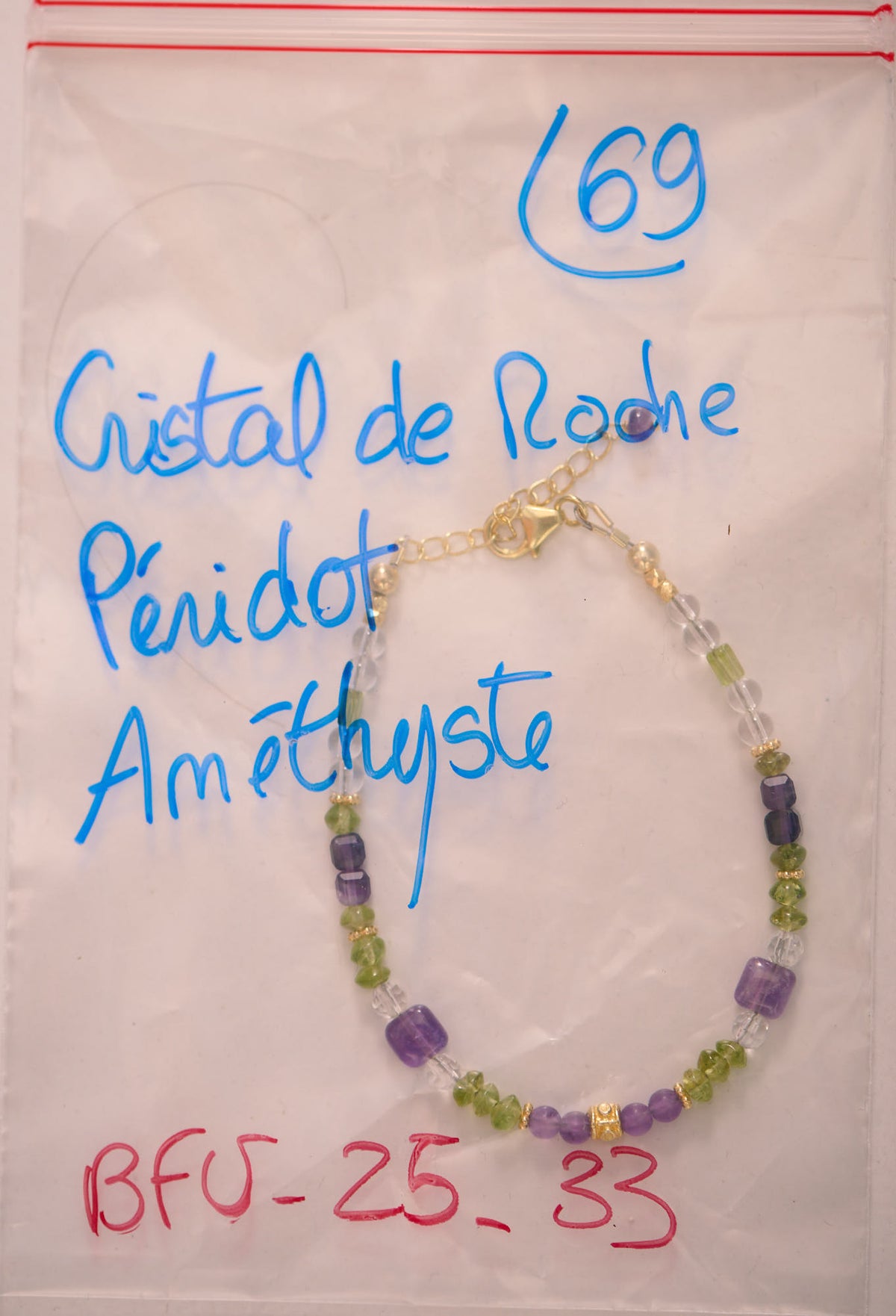 Bracelet en Cristal de Roche, Péridot et Améthyste