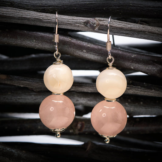 Boucles d'Oreilles en Quartz Rose et Nacre