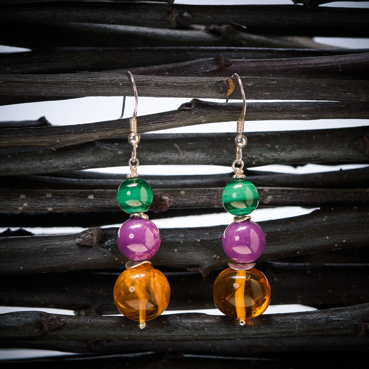 Boucles d'Oreilles en Malachite, Phosphosidérite et Ambre