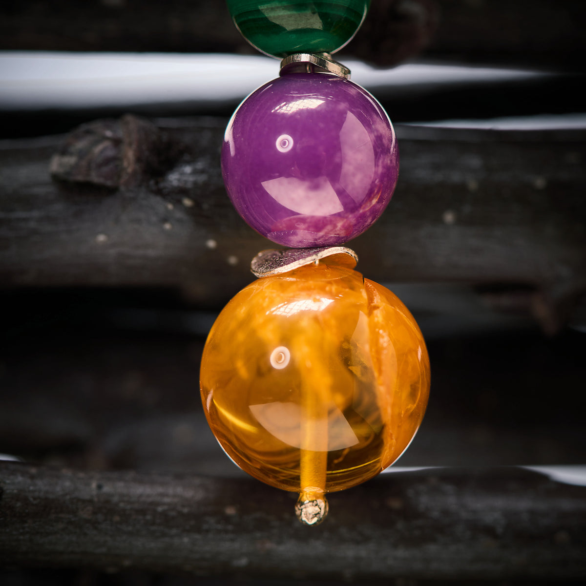 Boucles d'Oreilles en Malachite, Phosphosidérite et Ambre