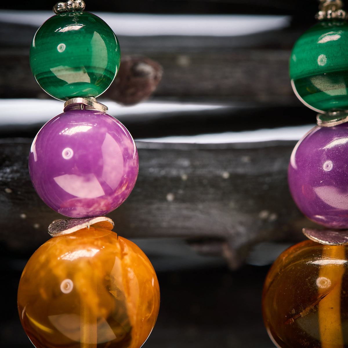 Boucles d'Oreilles en Malachite, Phosphosidérite et Ambre