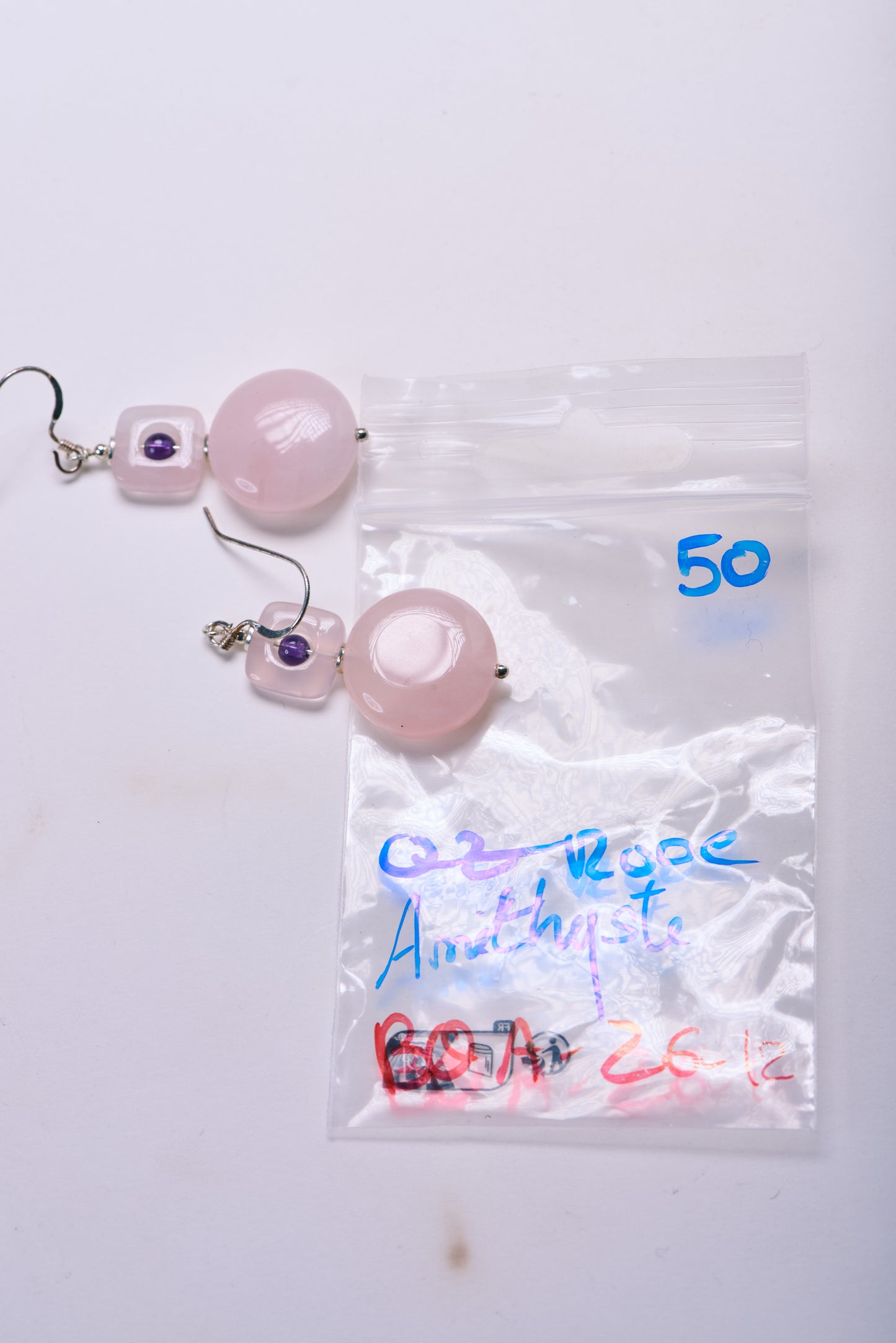 Boucles d'Oreilles en Quartz Rose et Améthyste