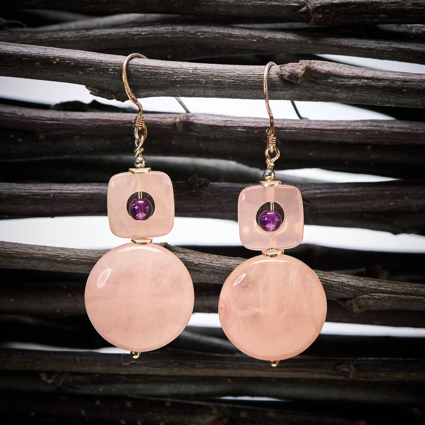 Boucles d'Oreilles en Quartz Rose et Améthyste