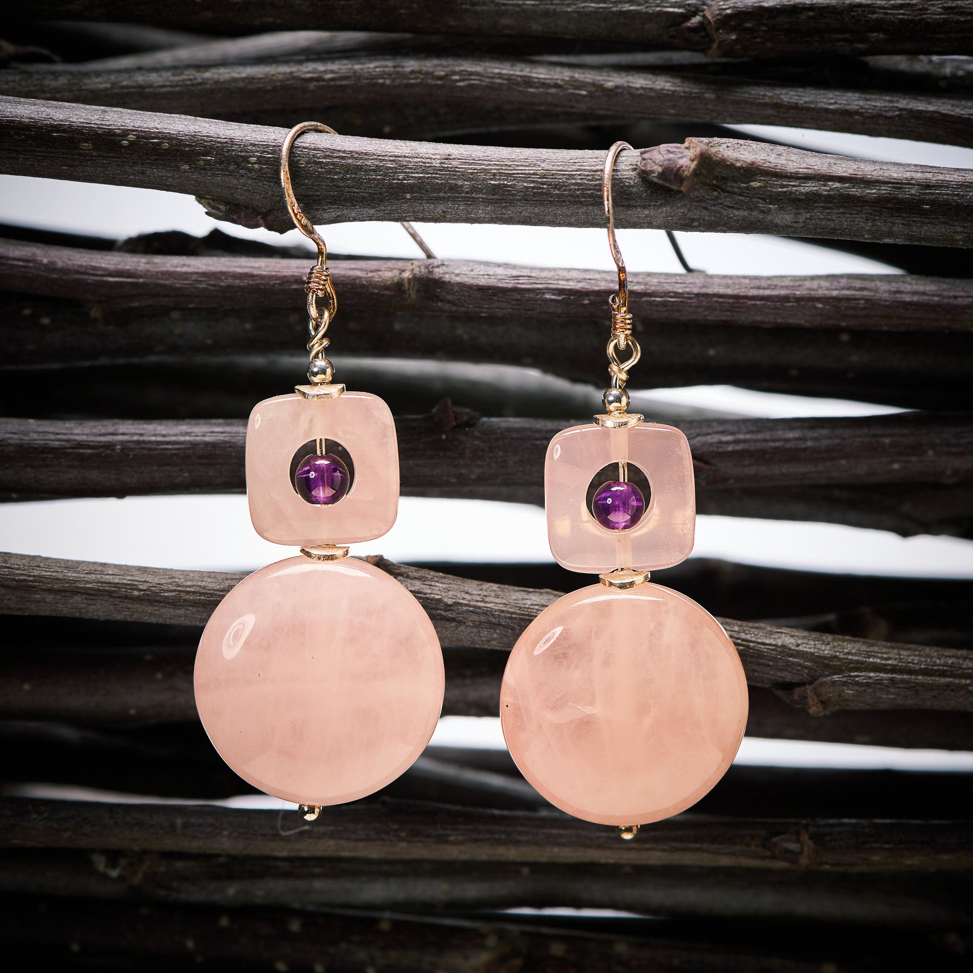 Boucles d'Oreilles en Quartz Rose et Améthyste