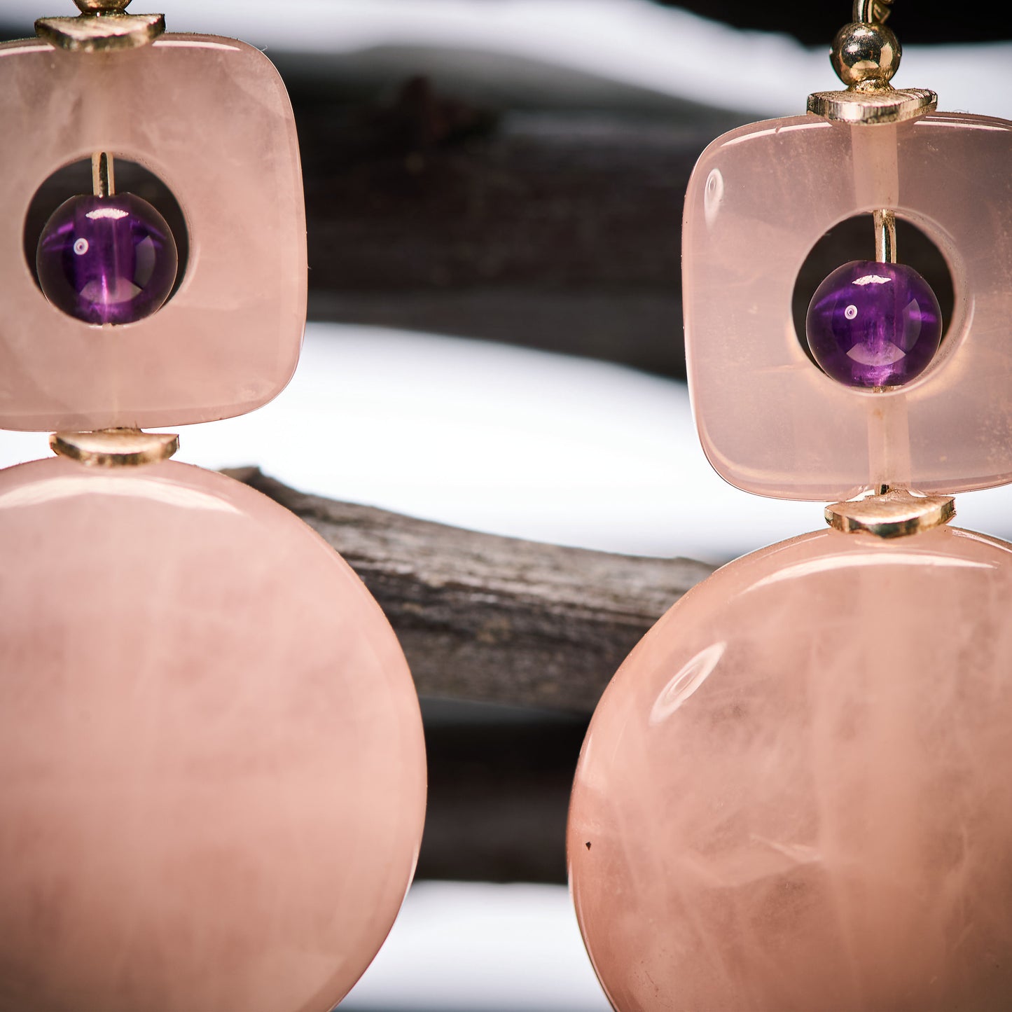 Boucles d'Oreilles en Quartz Rose et Améthyste