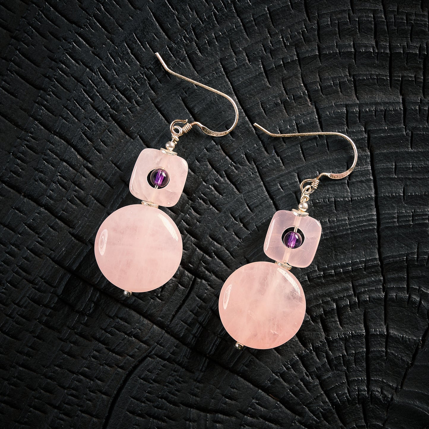 Boucles d'Oreilles en Quartz Rose et Améthyste