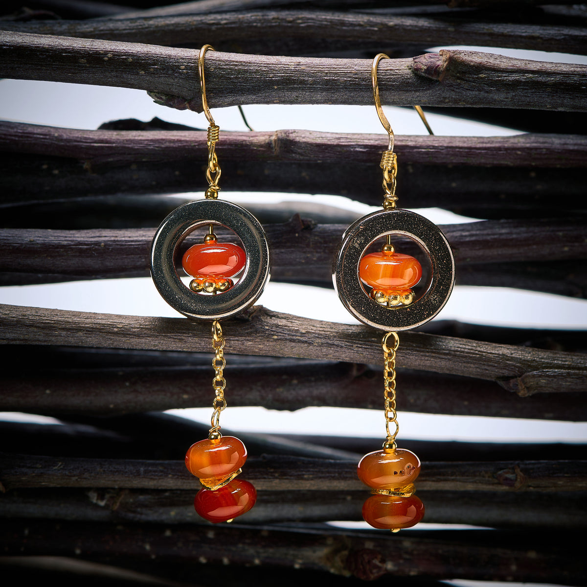 Boucles d'Oreilles en Cornaline et Hématite