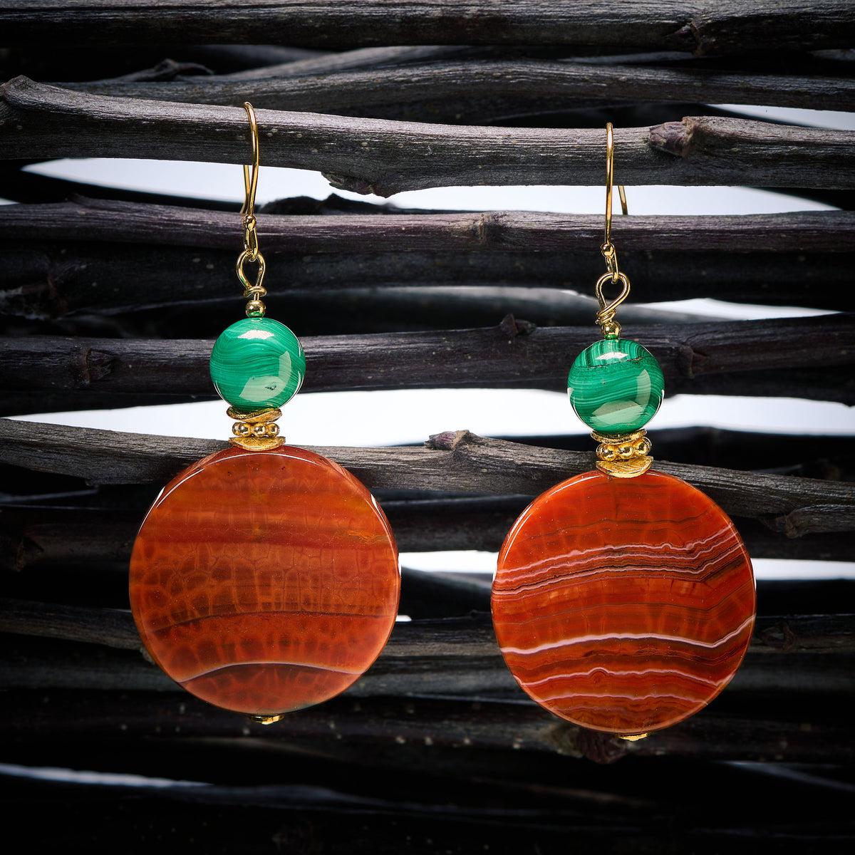Boucles d'Oreilles en Cornaline et Malachite