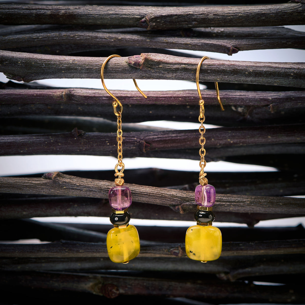 Boucles d'Oreilles en Améthyste Agate Noire et Jadéïte