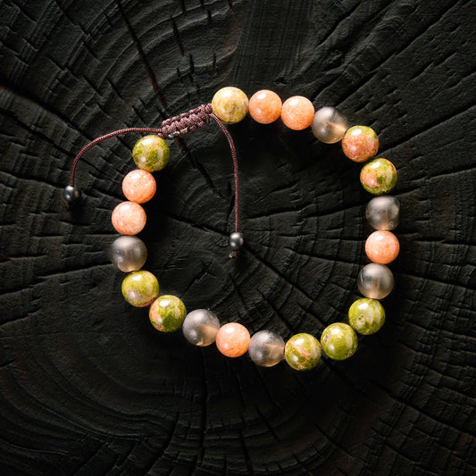 Bracelet shambala en Quartz Fumé, Unakite et Pierre de Soleil