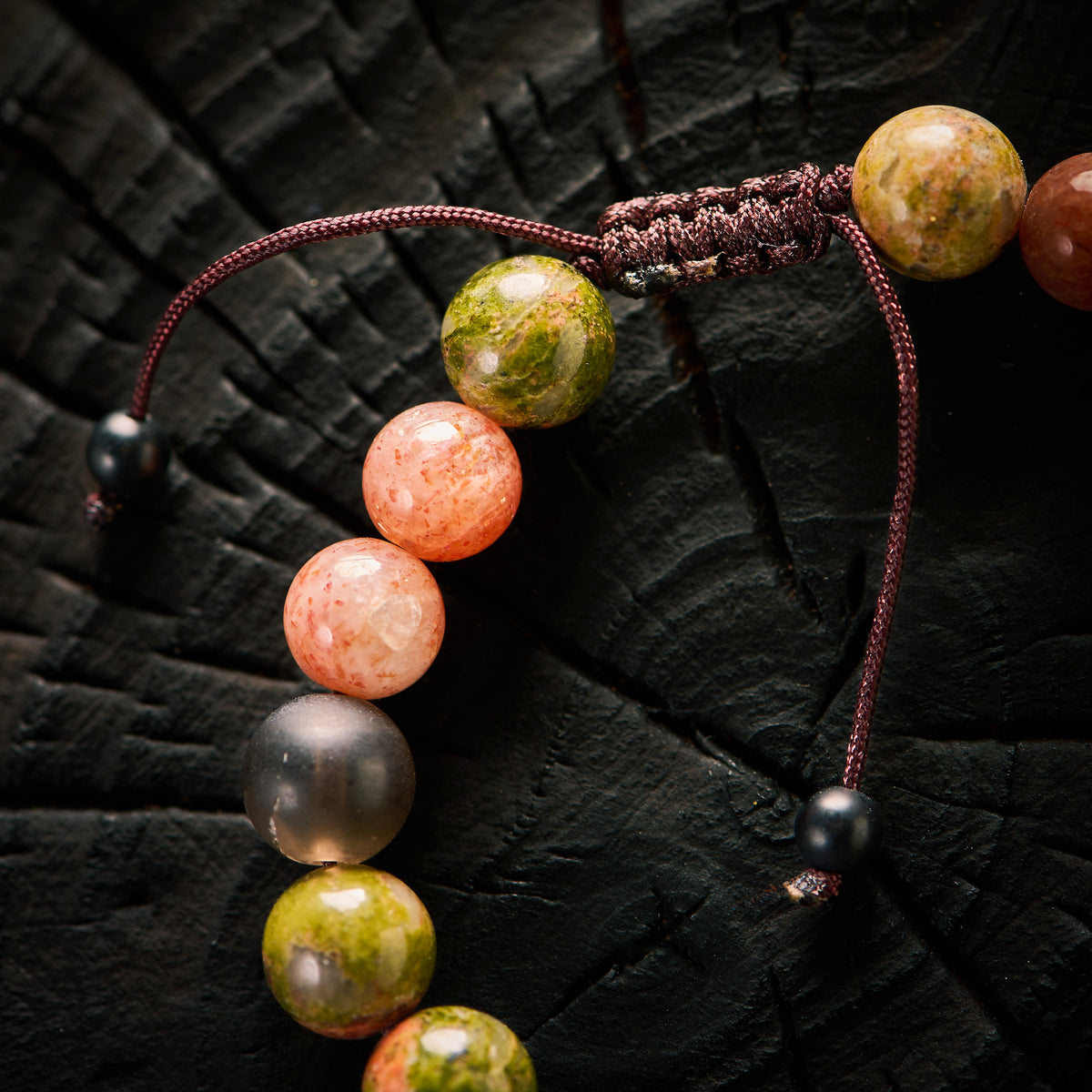 Bracelet shambala en Quartz Fumé, Unakite et Pierre de Soleil