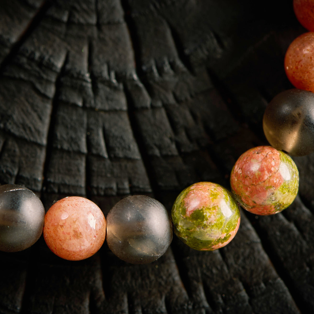 Bracelet shambala en Quartz Fumé, Unakite et Pierre de Soleil